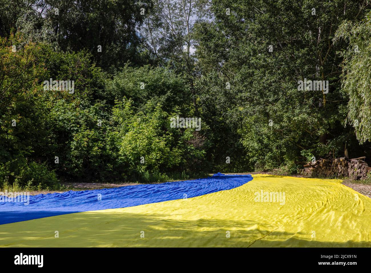 Kiev, Ucraina. 15th giugno 2022. Gli attivisti hanno scatenato una grande bandiera Ucraina nel parco di Kyiv. (Foto di Mykhaylo Palinchak/SOPA Images/Sipa USA) Credit: Sipa USA/Alamy Live News Foto Stock