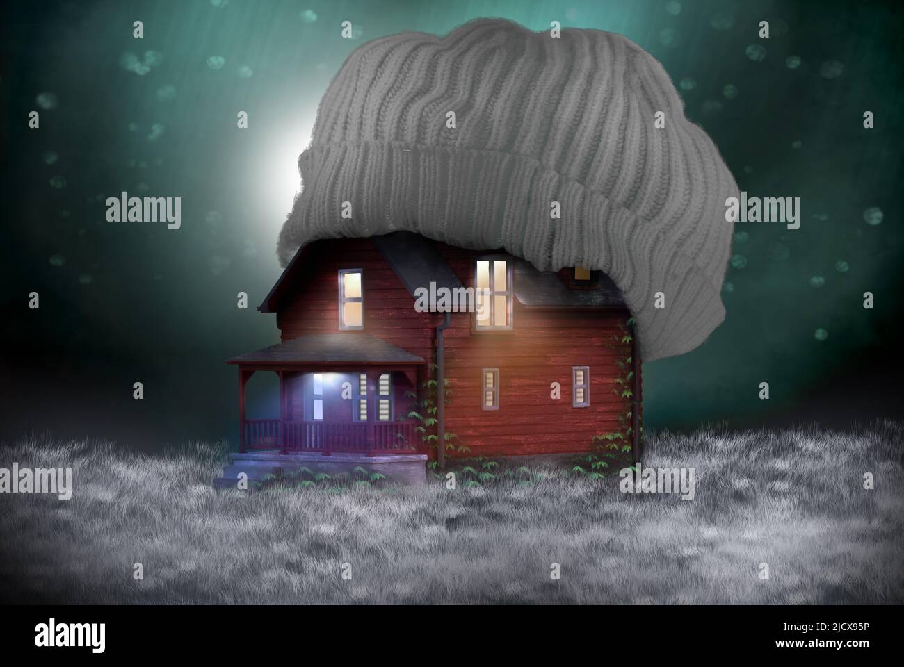 Energy Crisis concetto di casa calda per riscaldamento invernale bollette. Casa con cappello di lana sul tetto per fermare il calore centrale di riscaldamento che sfugge. Isolamento loft co Foto Stock