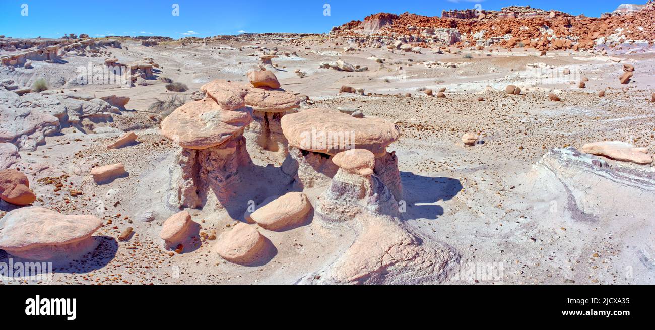 Tre hoodoos in una formazione triangolare nel parco giochi del Diavolo chiamato la Trinità Unholy, Parco Nazionale della Foresta pietrificata, Arizona Foto Stock