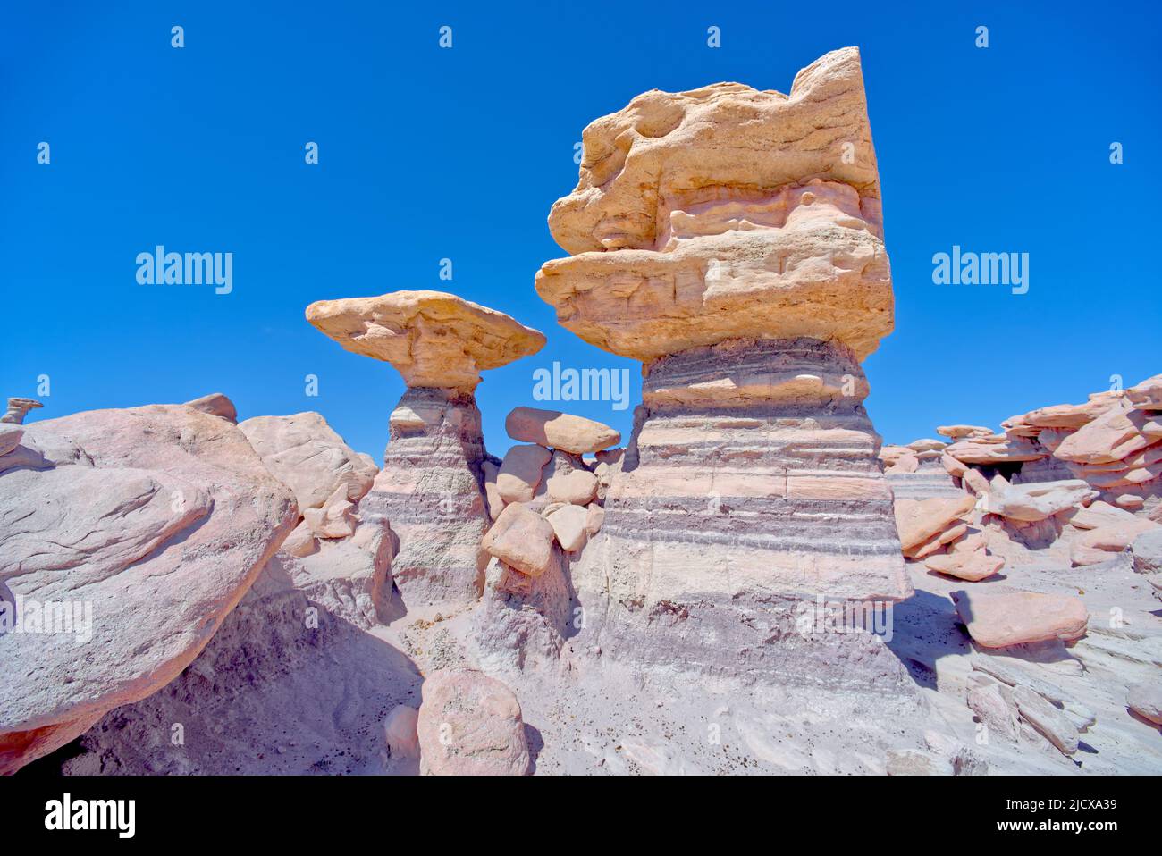 Torreggianti pilastri di roccia nel parco giochi del Diavolo al Petrified Forest National Park, Arizona, Stati Uniti d'America, Nord America Foto Stock