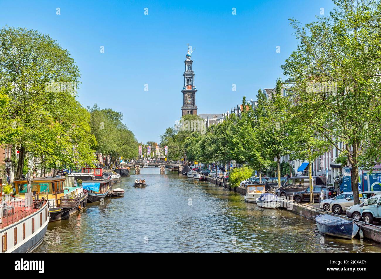 Chiesa di Westerkerk sul canale Prinsengracht, Amsterdam, Olanda del Nord, Paesi Bassi, Europa Foto Stock