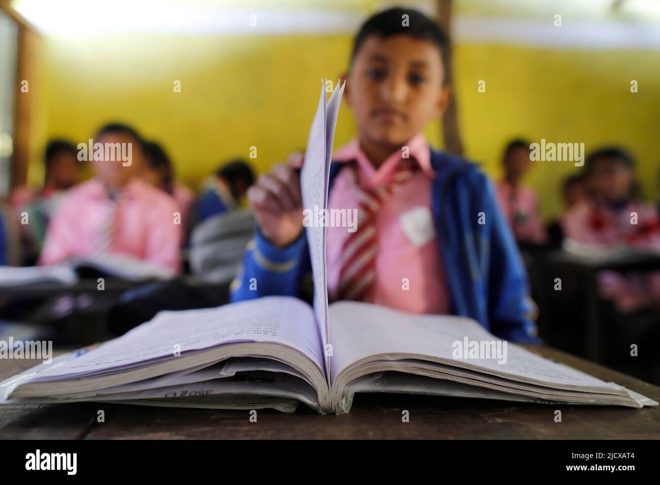 Scuola elementare, ragazzo con libro, concetto di educazione e vita scolastica, Lapilang, Dolakha, Nepal, Asia Foto Stock