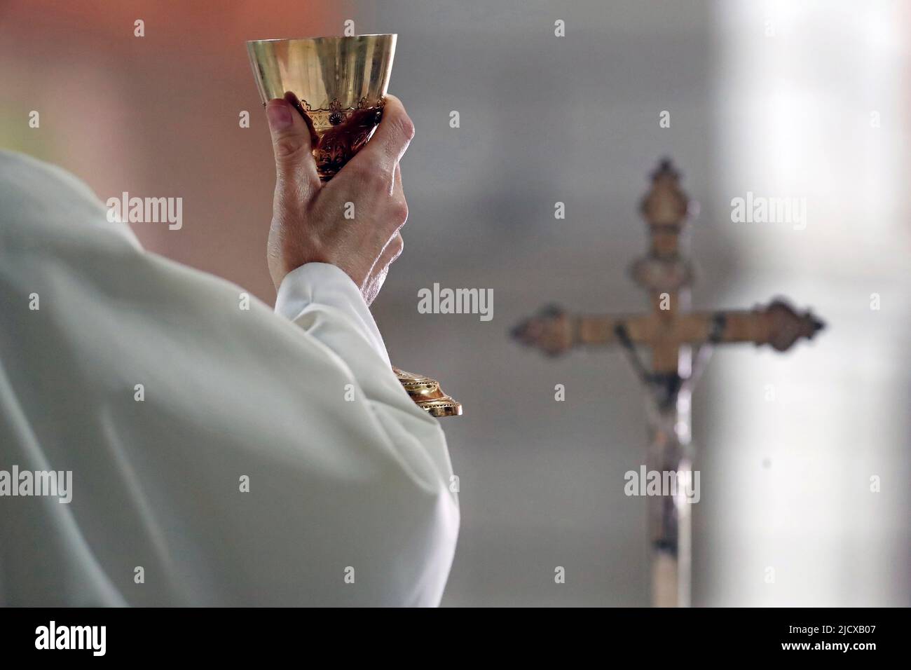 Sacerdote cattolico, celebrazione eucaristica in chiesa, Yonne, Francia, Europa Foto Stock