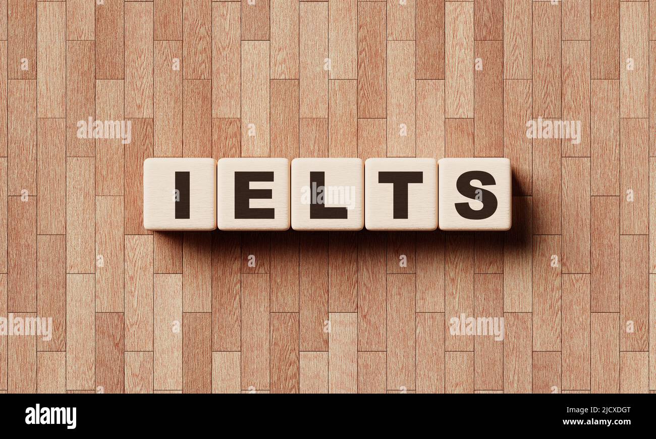 IELTS parole da blocchi di legno con lettere Corsi di formazione e prove di inglese come lingua straniera Concept 3D illustrazione rendering Foto Stock