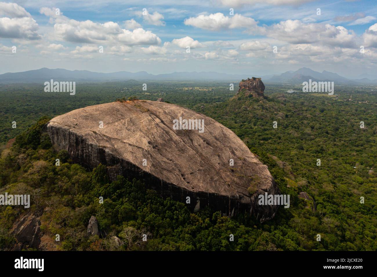 Montagna di Sigiriya e roccia di Pidurangala tra la foresta densa sull'isola di Sri Lanka. Foresta tropicale verde e giungla. Foto Stock