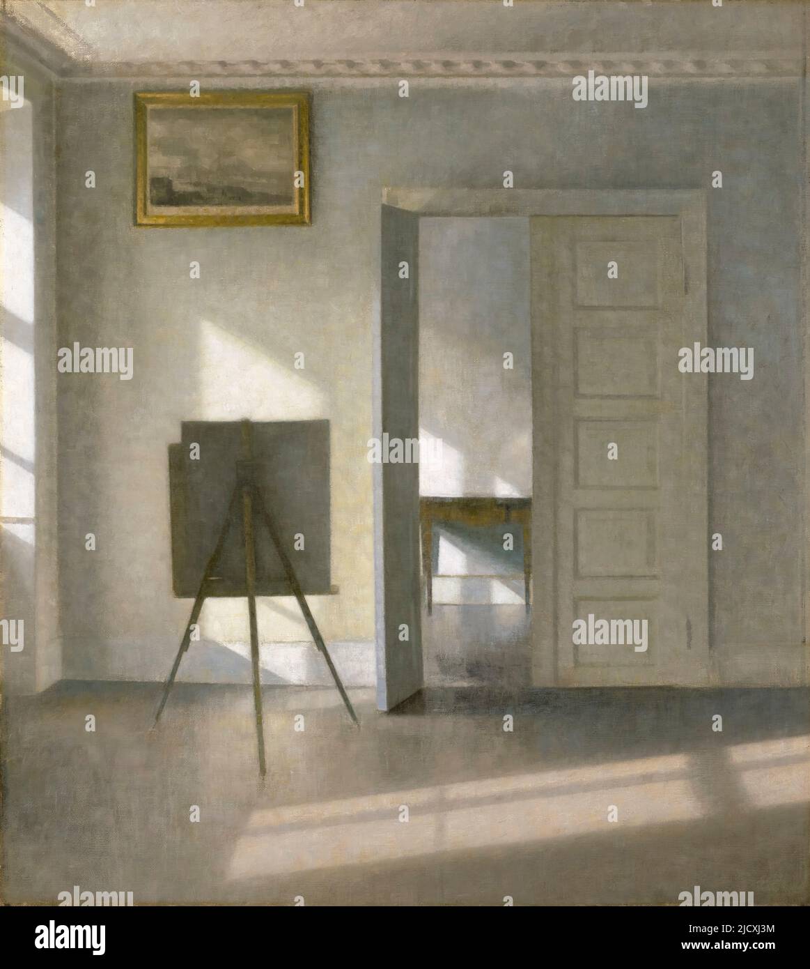 Vilhelm Hammershoi, Interior with an Easel, Bredgade 25, dipinto in olio su tela, 1912 Foto Stock
