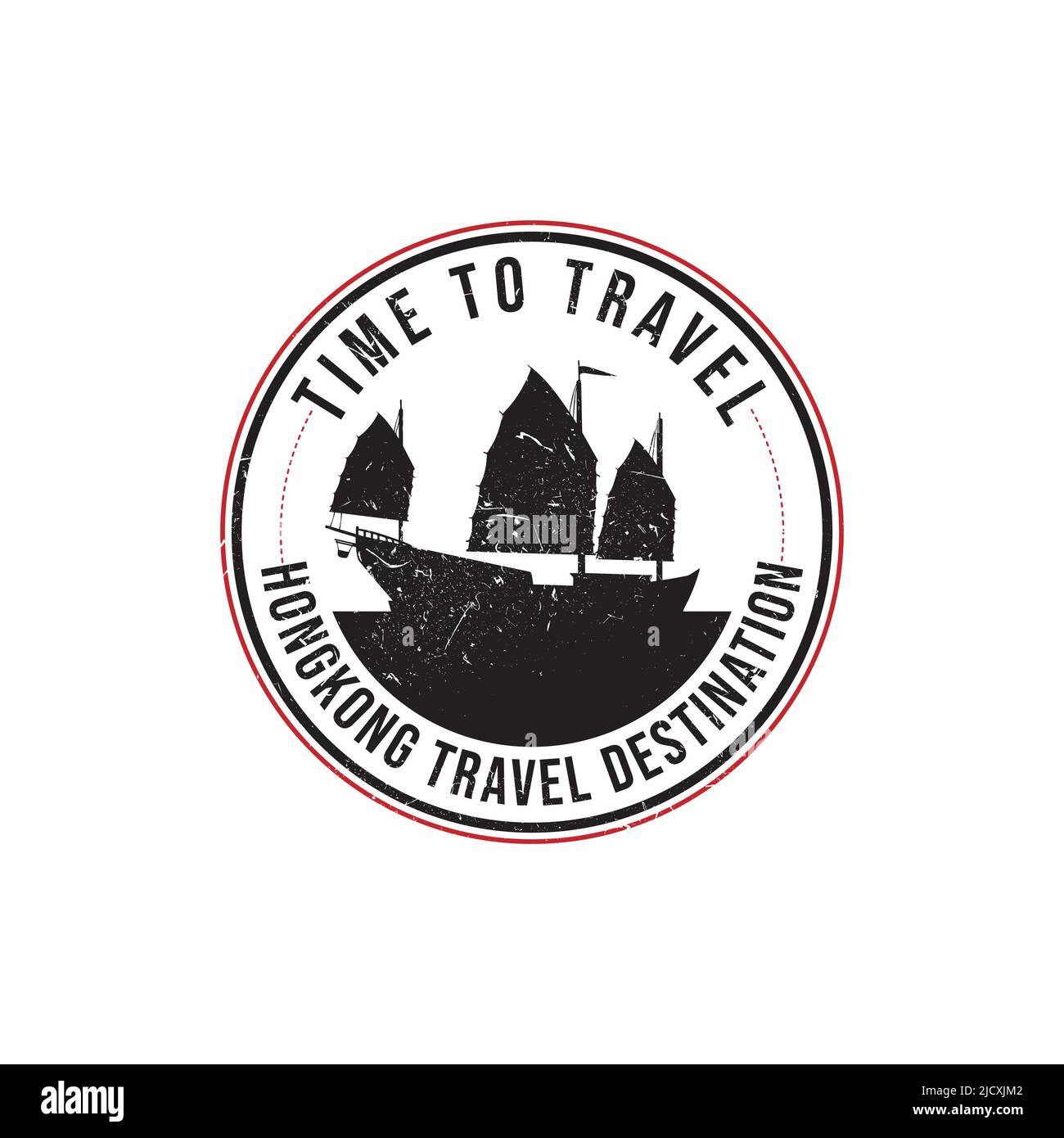 Grunge timbro di gomma con il testo destinazione viaggio Hongkong scritto all'interno del timbro. È il momento di viaggiare. Silhouette immagine vettoriale nave Hongkong. Illustrazione Vettoriale