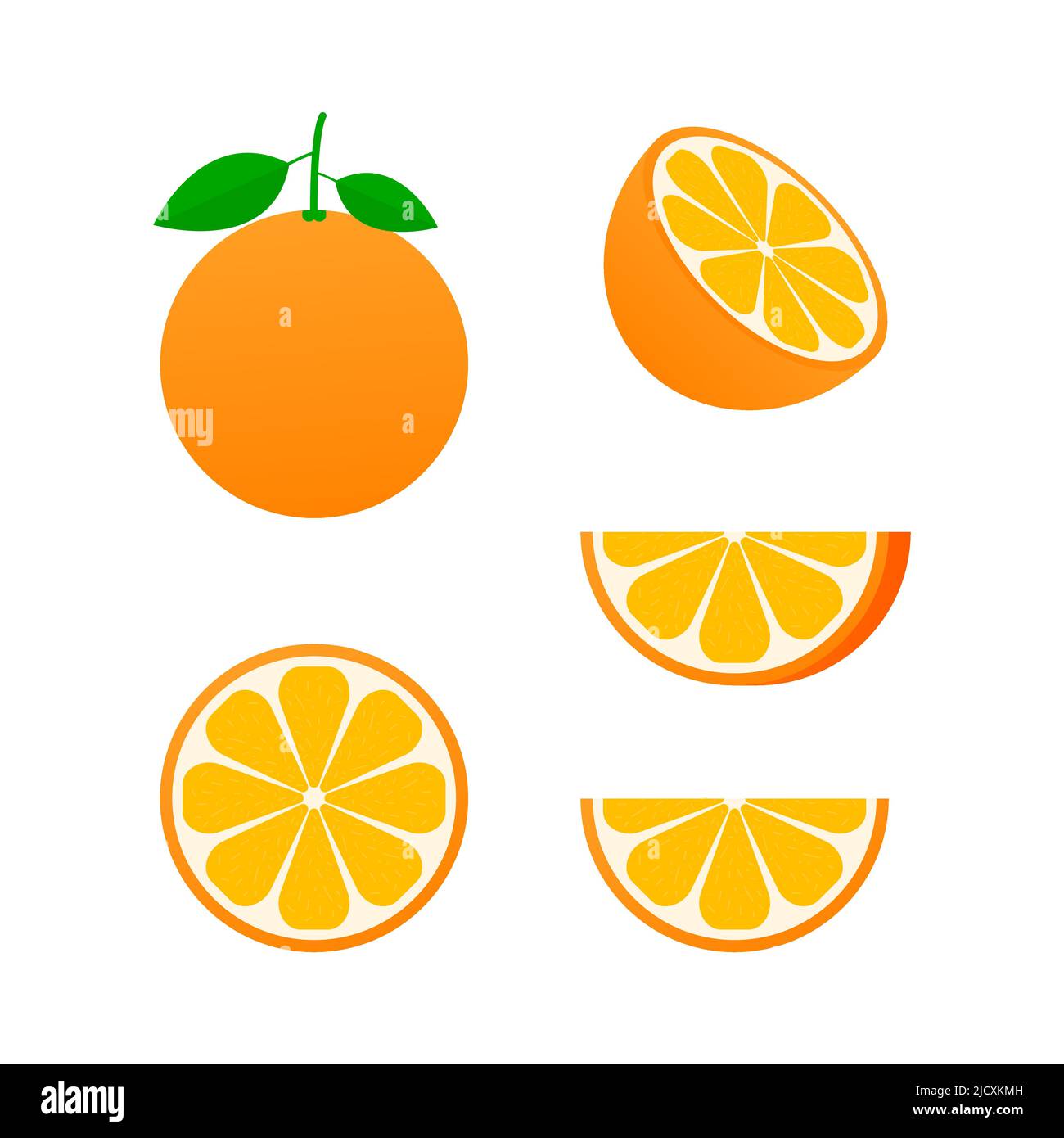 Arancio intero e fette di arance. Illustrazione vettoriale delle arance. Mesh completamente modificabile a mano Illustrazione Vettoriale