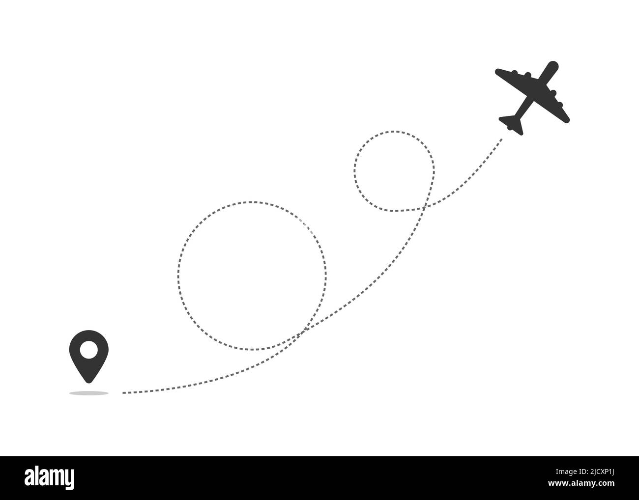 Icona vettore di percorso della linea dell'aereo del percorso di volo dell'aereo con punto di partenza e traccia linea tratteggiata. Illustrazione Vettoriale