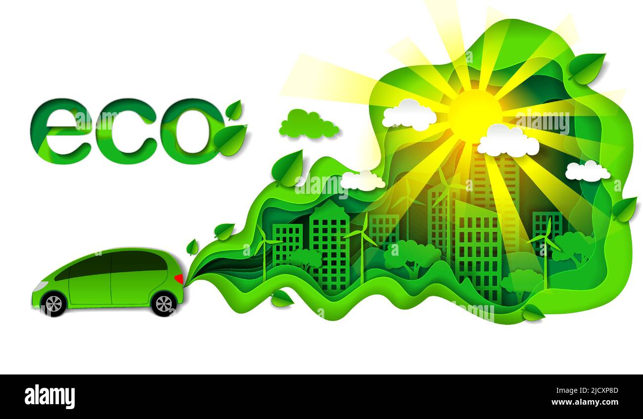 Illustrazione vettoriale ecologica dell'automobile in stile moderno dell'arte della carta Illustrazione Vettoriale