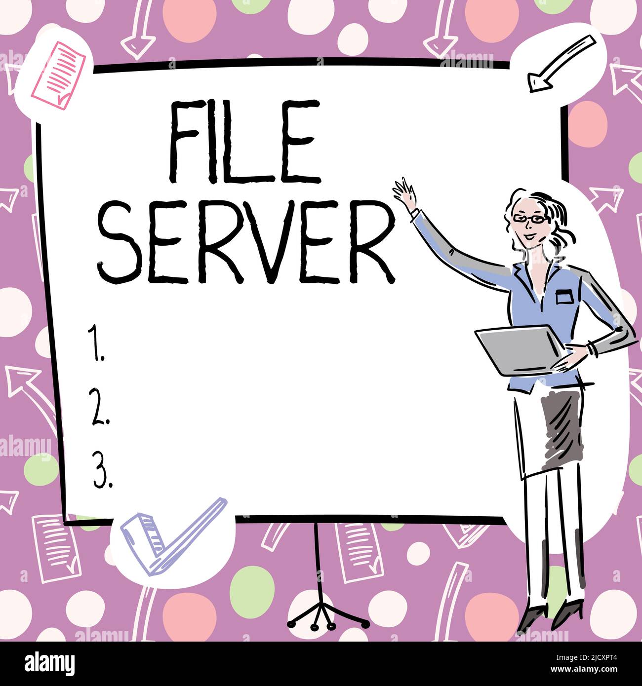 Intestazione di testo che presenta file server. Dispositivo per vetrina aziendale che controlla l'accesso a dati memorizzati separatamente Businesswoman Casual Standing Presenting Foto Stock