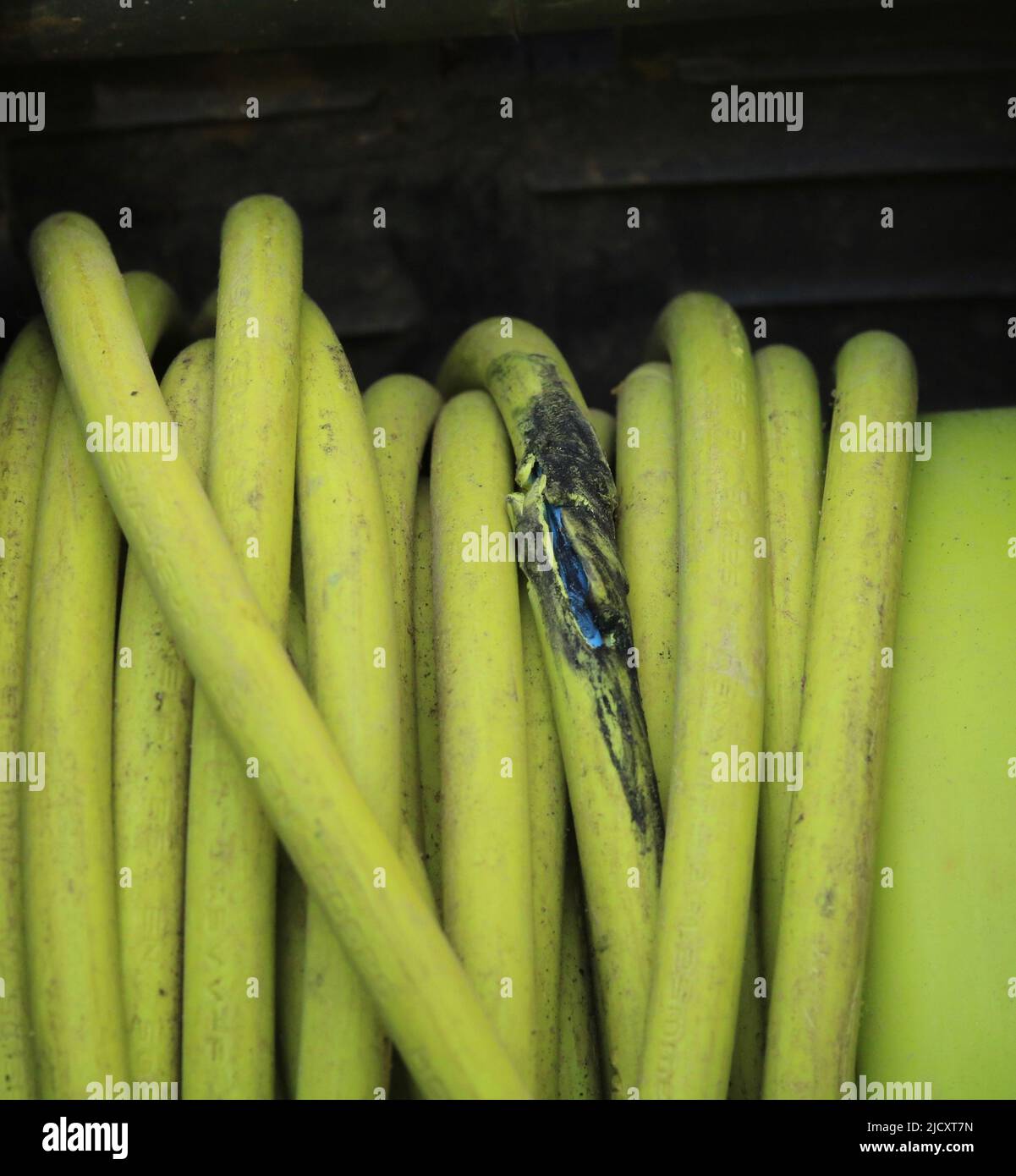 Primo piano del filo elettrico verde danneggiato con la scatola divisa Foto Stock