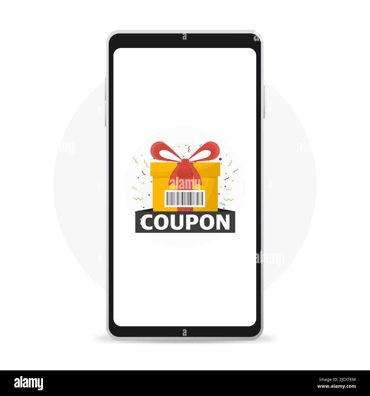 Icona del coupon di sconto e confezione dei premi sullo smartphone. Illustrazione Vettoriale