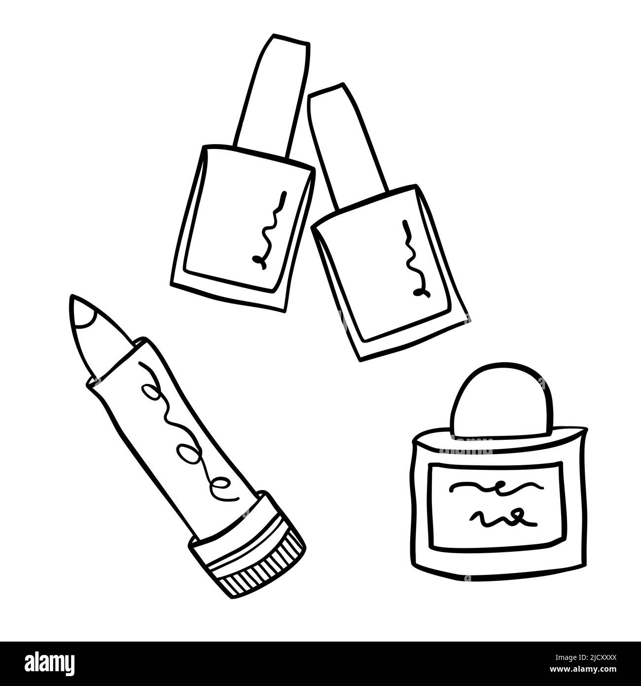 Set di articoli cosmetici in stile minimalista con disegno a mano. Rossetto, smalto per unghie e silhouette profumata Illustrazione Vettoriale