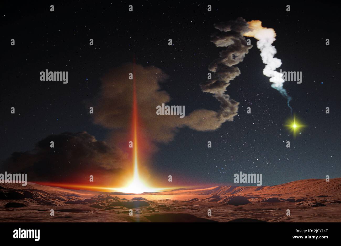 Il rischio di utilizzare armi nucleari ha raggiunto il suo picco dalla Guerra fredda. Lancio di missili di notte. Elementi di questa immagine forniti dalla NASA. Foto Stock