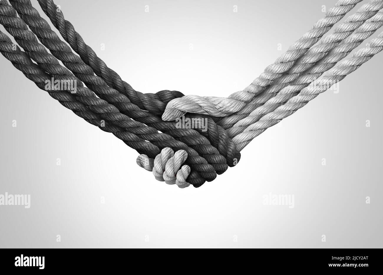 Concetto di fiducia del gruppo e simbolo connesso come corde diverse legate e legate insieme a forma di stretta di mano o di mano come metafora di fede. Foto Stock