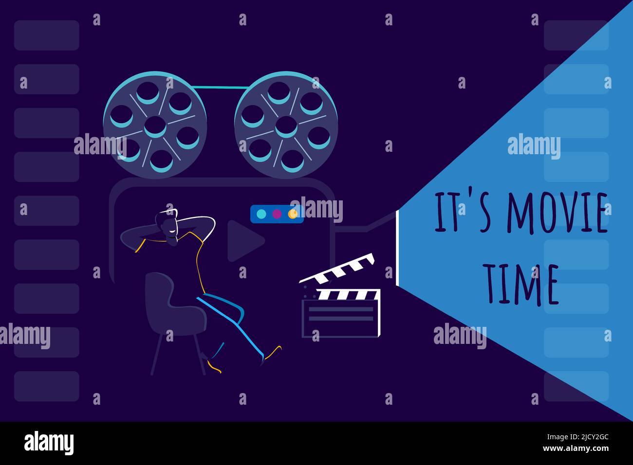 Movie Time Vector concept flat su sfondo blu uomo seduto su una sedia guardando un film da una telecamera retrò Cinema banner design template Illustrazione Vettoriale