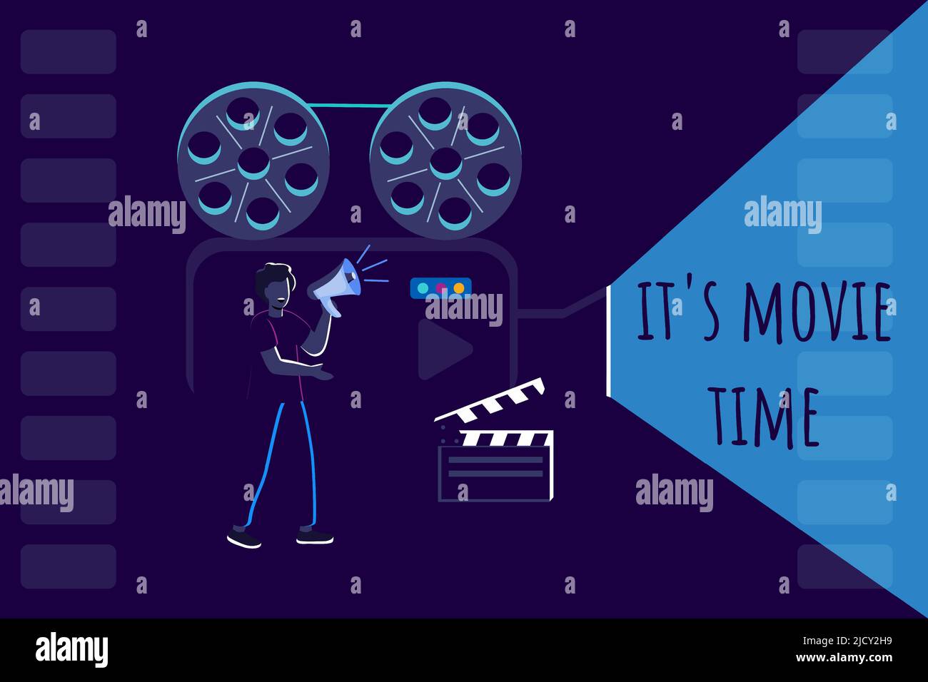 Movie Time Vector Concept flat su sfondo blu Un uomo con un altoparlante controlla il processo di ripresa creare un film Cinema banner design template Illustrazione Vettoriale