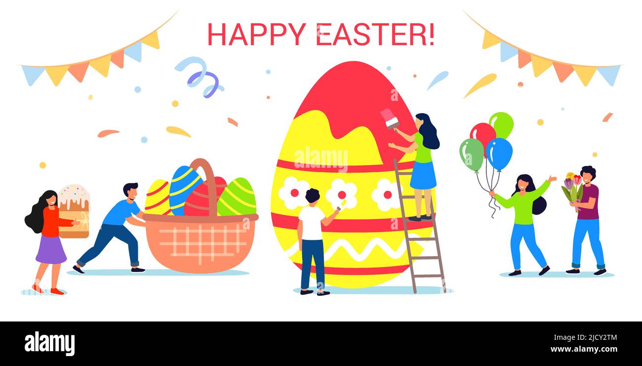 Felice Pasqua biglietto d'auguri Vector illustrazione di piccole persone di famiglia pittura uovo insieme per speciale primavera evento vacanza in stile cartoon piatto Illustrazione Vettoriale