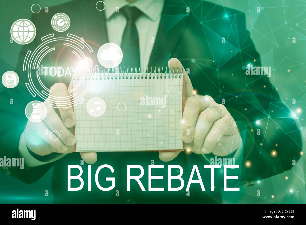 Mano scrittura segno grande Rebate. Business approccio enormi ricompense che possono ottenere quando si è impegnati a un imprenditore promo speciale in vestito tenendo blocco note Foto Stock
