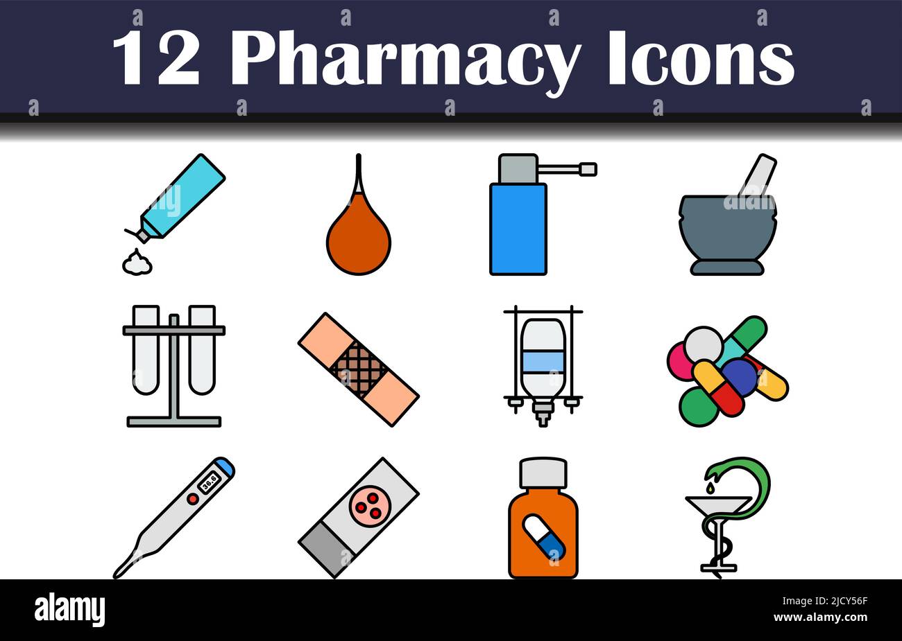 Set di icone della farmacia. Contorno grassetto modificabile con disegno di riempimento a colori. Illustrazione vettoriale. Illustrazione Vettoriale