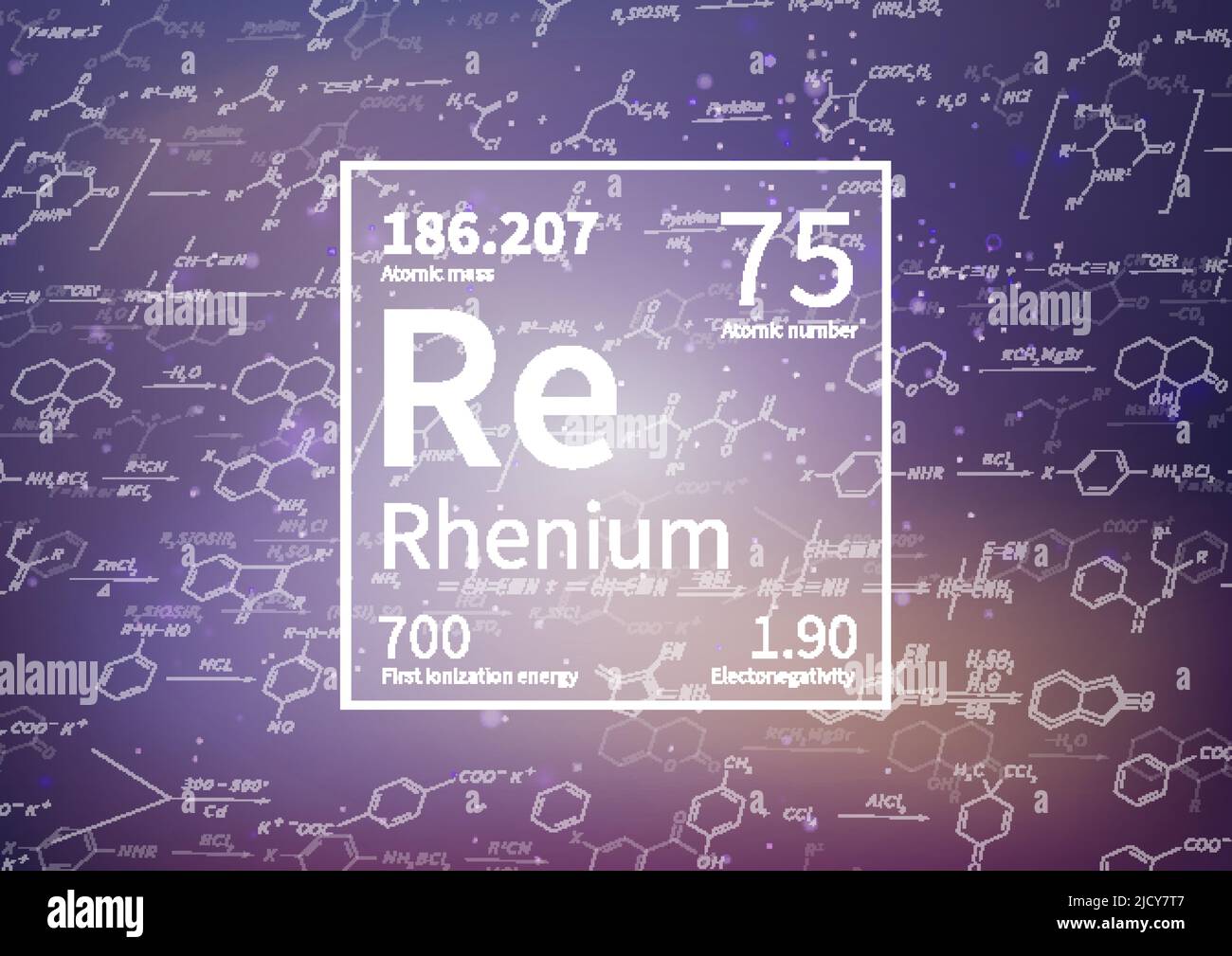 Elemento chimico al renio con prima energia di ionizzazione, massa atomica e valori di elettronegatività su sfondo scientifico Illustrazione Vettoriale