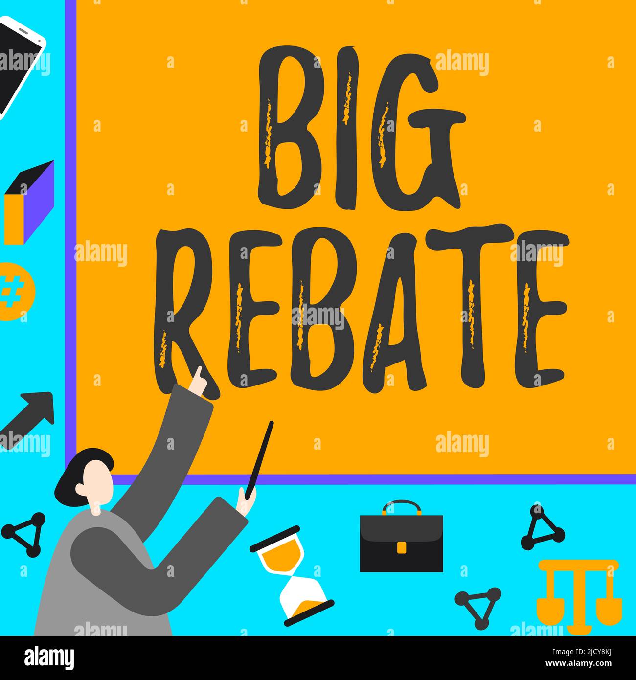Mano che scrive segno grande Rebate, concetto di affari ricompense enormi che possono ottenere quando vi siete impegnati ad un businessman speciale promo che punta FingerPresentation B. Foto Stock