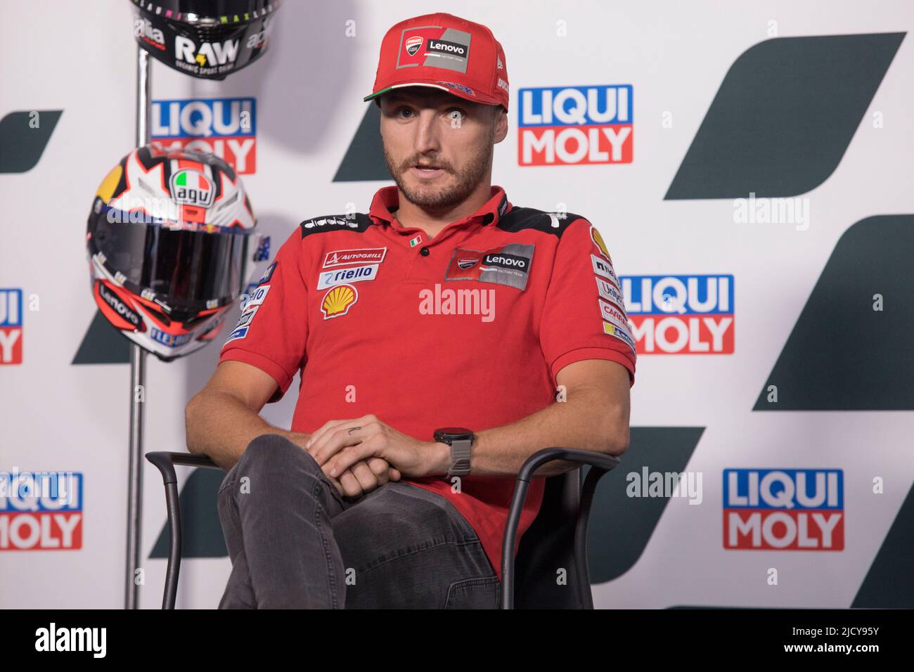 Hohenstein Ernsthal, Germania. Giugno 16th 2022. MotoGP Liqui Moly Motorrad Grand Prix Deutschland al circuito di Sachsenring, Hohenstein-Ernsthal, Germania. Nella foto: Jack Miller (AUS) del Ducati Lenovo Team durante la conferenza stampa pre-evento Foto Stock