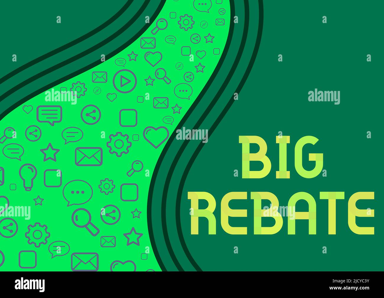 Mano scrittura segno grande Rebate, panoramica di affari ricompense enormi che possono ottenere quando vi siete impegnati in una speciale promo icone che simboleggiano la comunicazione in linea c Foto Stock