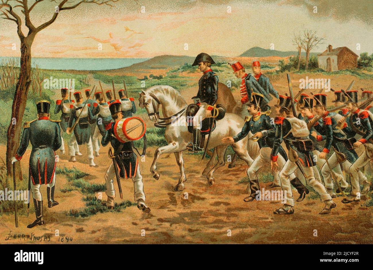 Rafael del Riego (1784-1823). Politico generale e liberale spagnolo, che ha svolto un ruolo chiave nello scoppio del triennio liberale. La colonna rivoluzionaria del Riego maggiore. Illustrazione di Serra Pausas. Chromolithography. "Historia de la Revolución Española" (desde la Guerra de la Independencia a la Restauración en Sagunto), di Vicente Blasco Ibáñez. Volume II. Pubblicato a Barcellona, 1891. Autore: Joan Serra Pausas (attivo dal 1861 al 1902). Artista spagnolo. Foto Stock