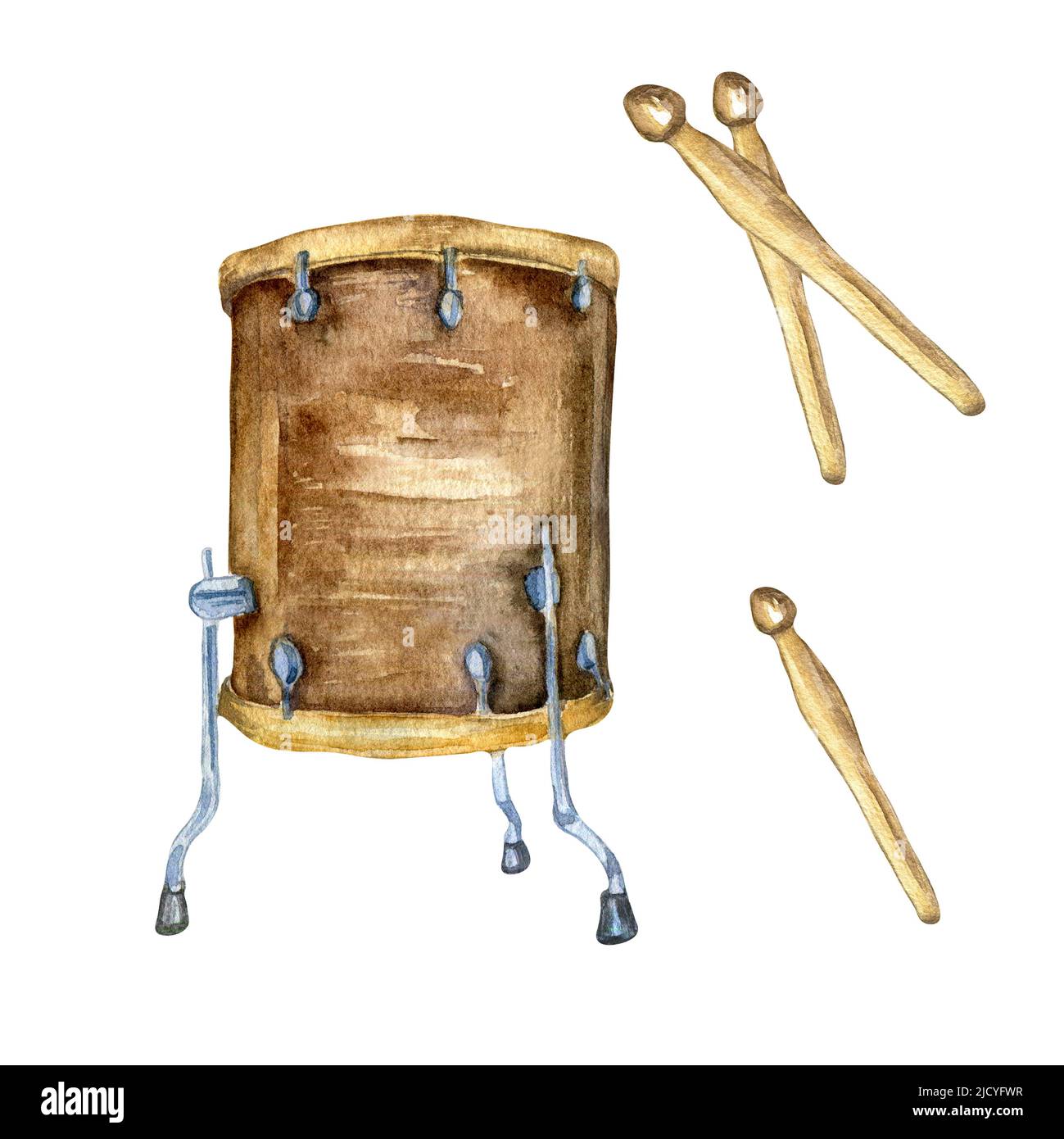 Drum kit, bastoncini acquerello illustrazione isolato. Strumento musicale dipinto a mano. Percussione strumento di jazz, rock, musica folk. Elemen di disegno Foto Stock