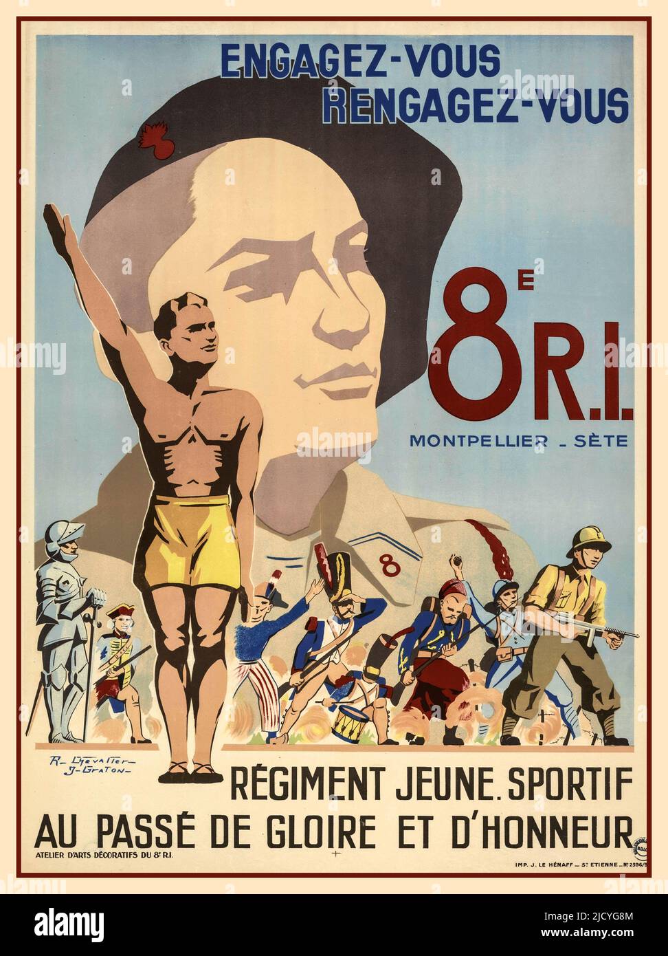 WW2 Vichy France Hitler Salute Recruitment poster per l'Esercito di Vichy - 8th RI, giovane reggimento atletico con un passato di gloria e onore. Maschio atletico in primo piano dando un saluto Heil Hitler. Affiche de recrutement de l'Armée de Vichy - 8e RI, jeune régiment, sportif, au passé de Gloire et d'Honneur. Montpelier-Sete Vichy Francia Foto Stock