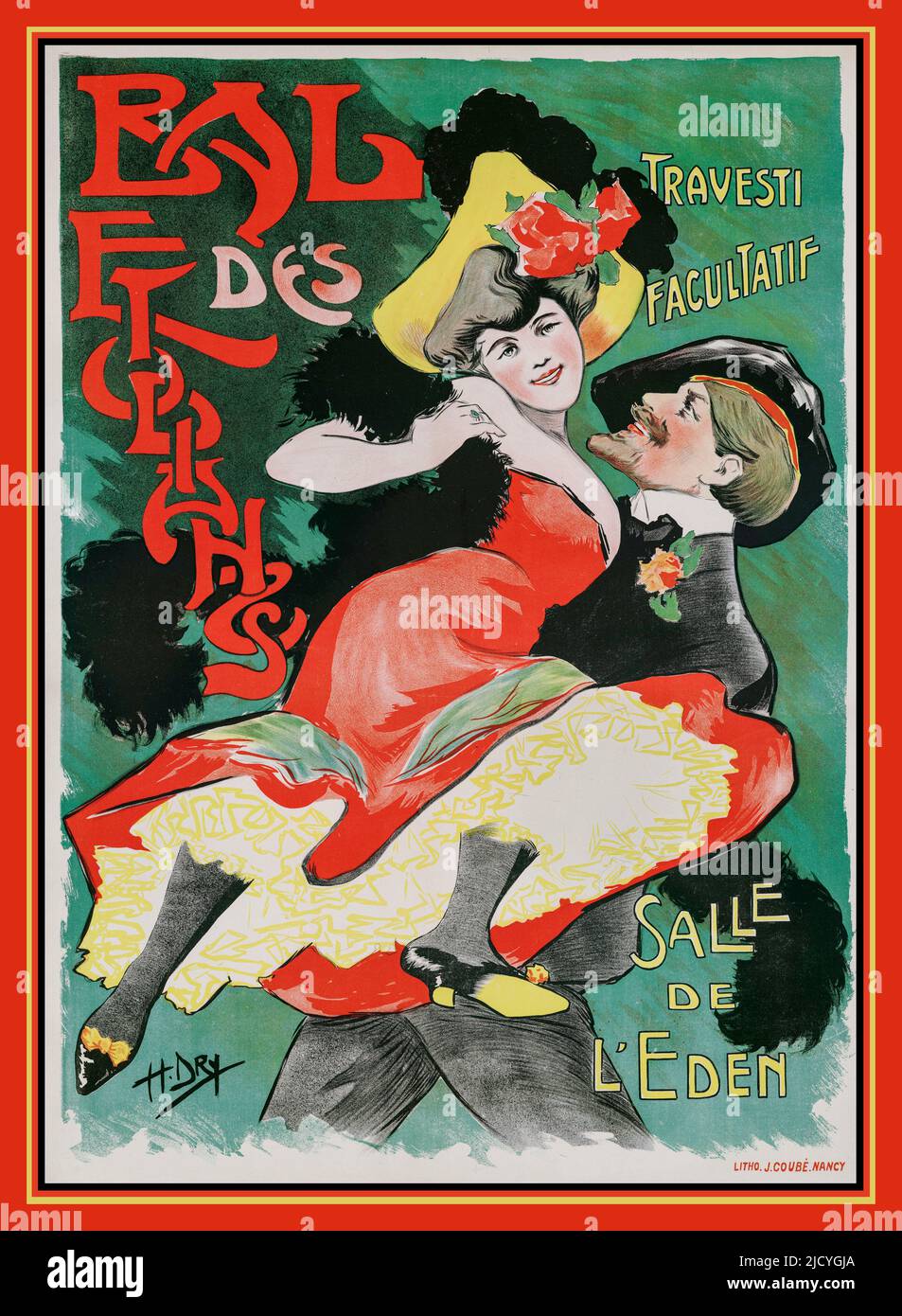 Vintage 1900s French entertainment Dance poster Student Ball travestite opzionale Eden Hall 'Bal des étudiants Travesti facultatif Salle de l'Eden' France Foto Stock
