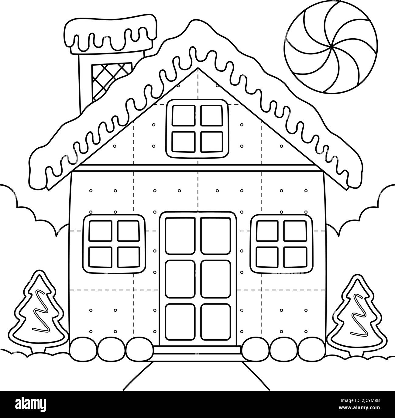 Pagina da colorare con casa di pan di zenzero, caramelle di Natale e albero di pan di zenzero di Capodanno, vettoriale, illustrazione in stile cartoon, arte di linea bianca e nera Immagine
