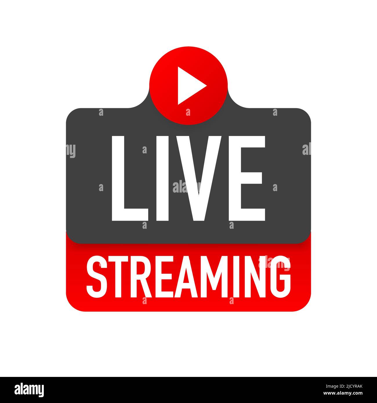 Logo Live streaming - elemento di design rosso con pulsante Play per le notizie e la trasmissione TV o online. Illustrazione Vettoriale