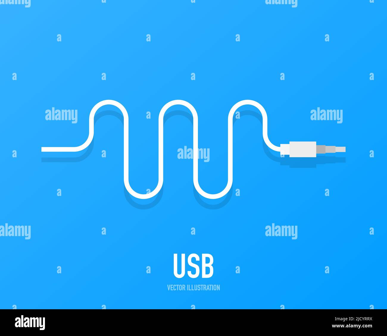 Design di base Power Concept, cavo bianco USB, isolato su sfondo blu. Illustrazione Vettoriale