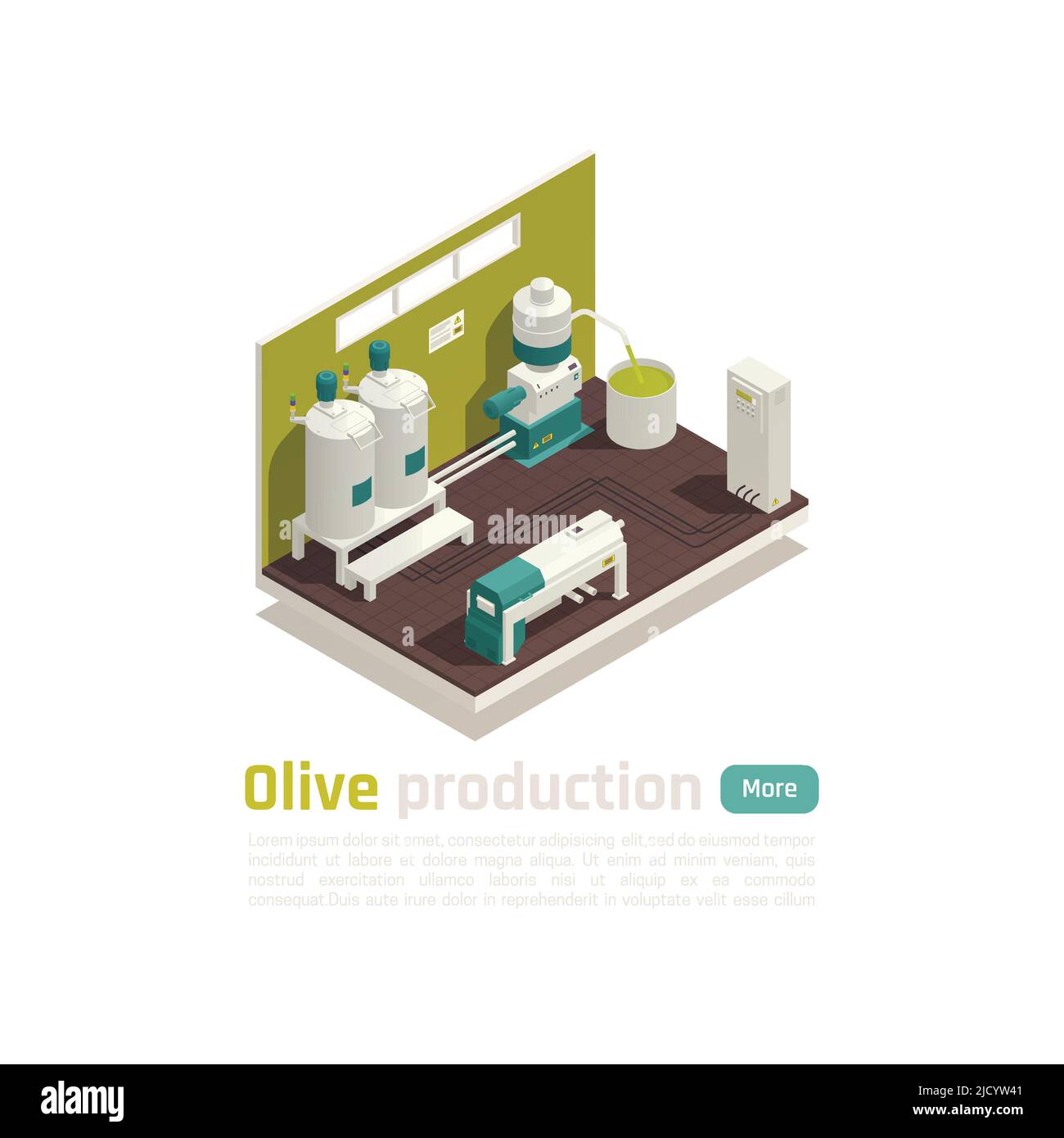 Impianto di produzione di olio d'oliva elemento isometrico automatico di linea con illustrazione vettoriale del metodo di estrazione di centrifuga industriale di grande capacità Illustrazione Vettoriale