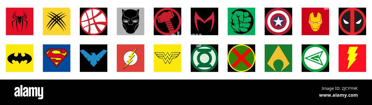 I più famosi supereroi DC e Marvel. Batman, Superman, Nightwing, Flash, Spider-Man, Deadpool, Hulk, altri. Illustrazione editoriale Illustrazione Vettoriale