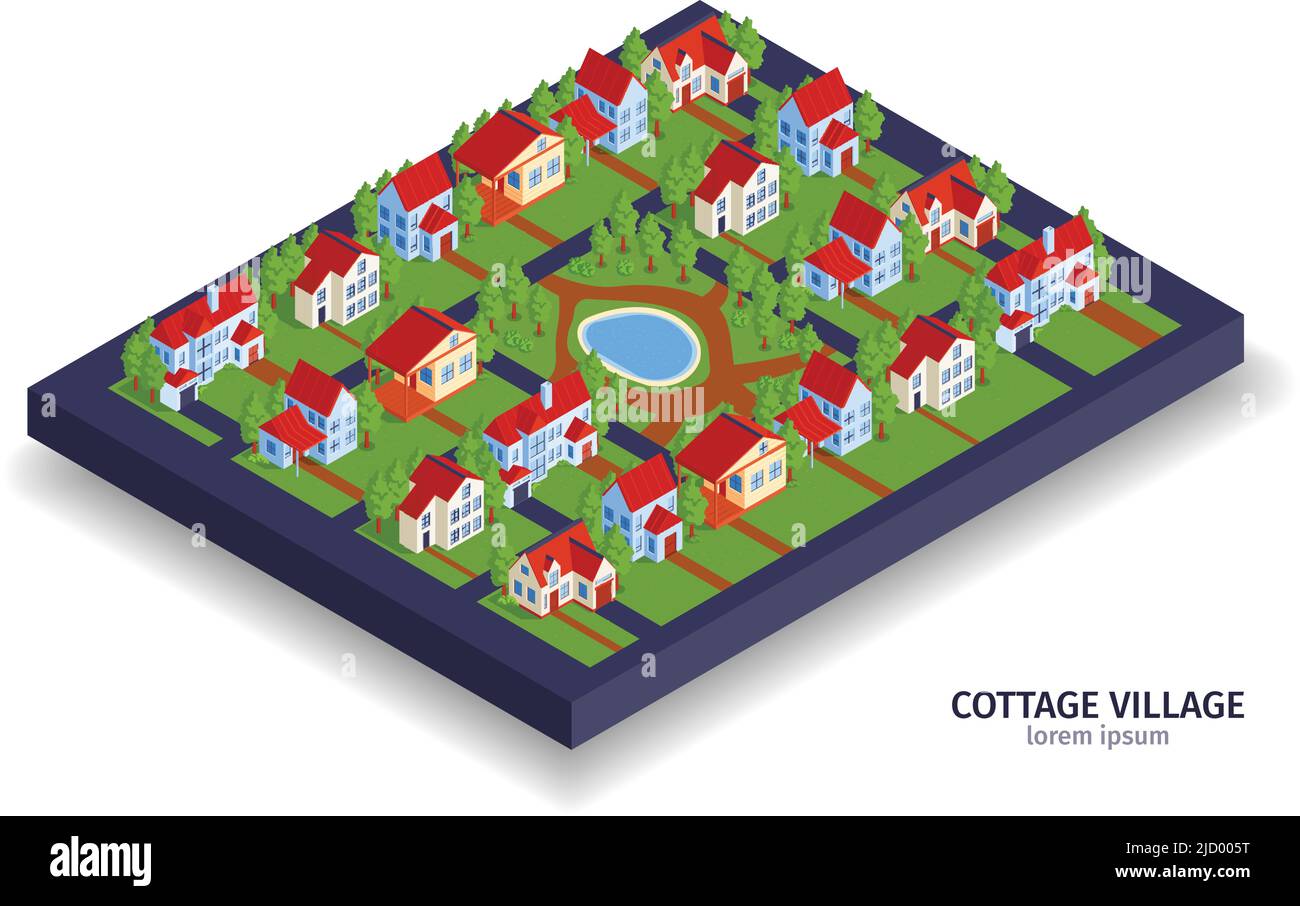 Composizione isometrica di case di città private con vista sul quartiere moderno e casa con cottage e testo illustrazione vettoriale Illustrazione Vettoriale