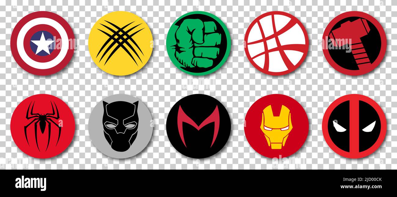 Vinnytsia, Ucraina - Maggio 16 Giugno 2022: Top 10 Marvel Superheroes Logo. Spider-Man, Deadpool, Hulk, Wolverine, Dottore Strange, Panther nero, ecc. Edi Illustrazione Vettoriale