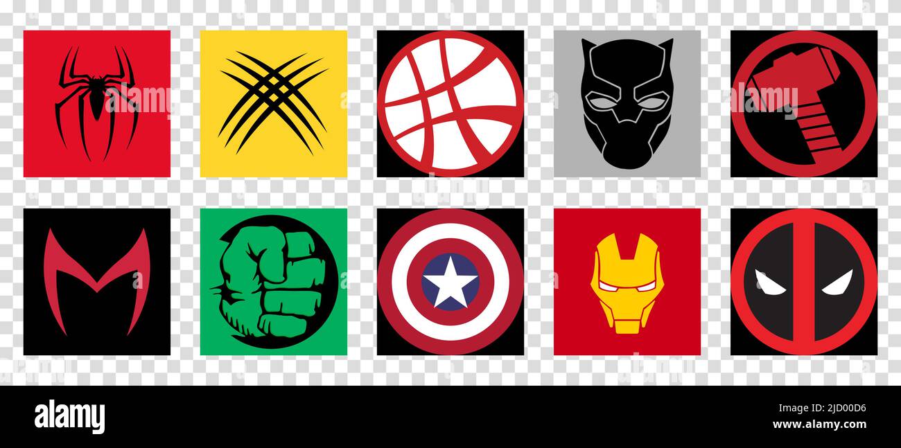 Vinnytsia, Ucraina - 16 giugno 2022 maggio: I migliori eroi della comica del Marvel. Spider-Man, Deadpool, Hulk, Wolverine, Dottore Strange, Panther nero, ecc. Modifica Illustrazione Vettoriale