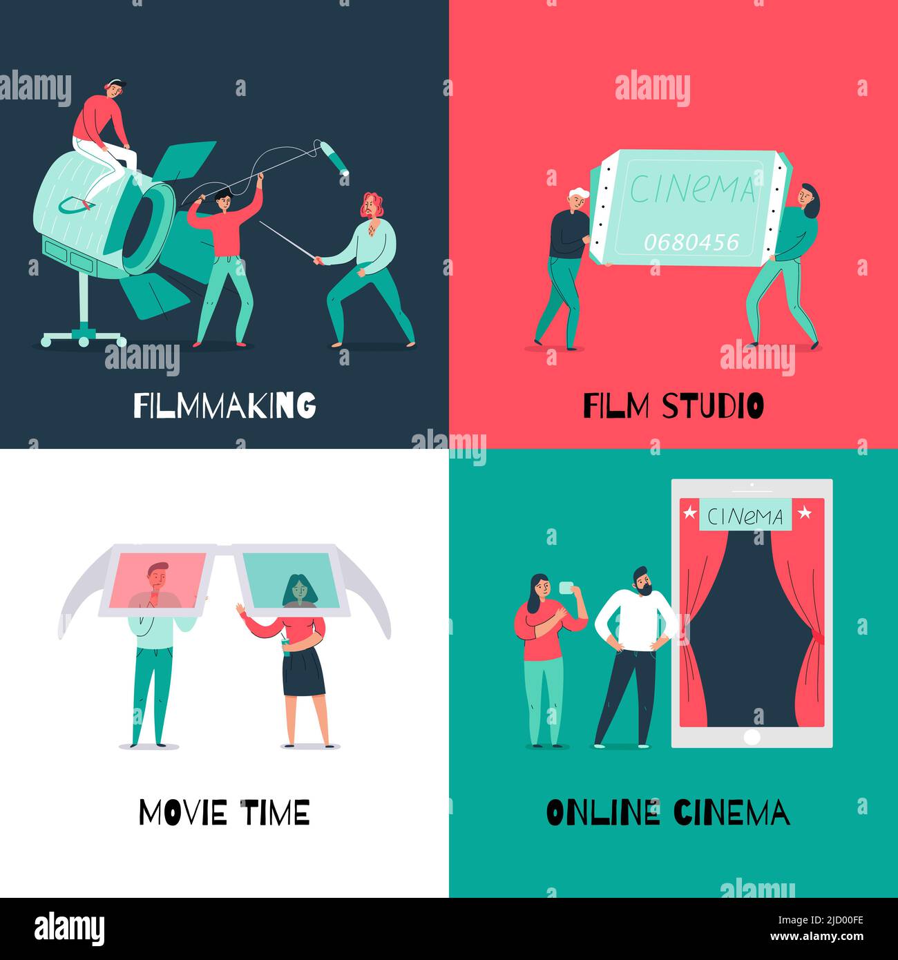 Design colorato 2x2 con cinema online e film che fanno squadra piatta isolato illustrazione vettoriale Illustrazione Vettoriale