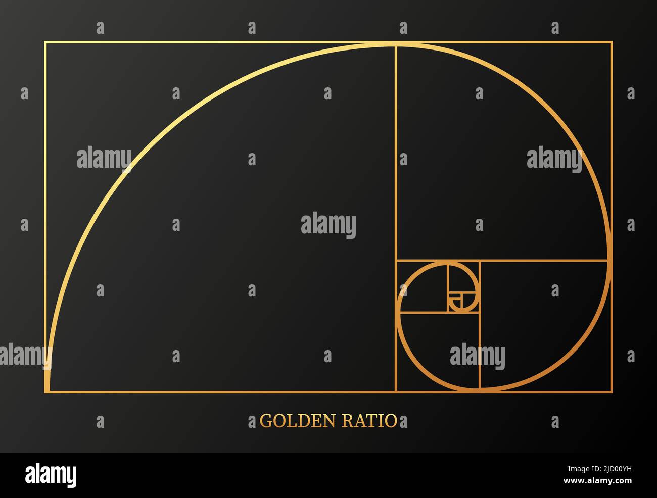 Illustrazione astratta con rapporto d'oro su sfondo grigio. Oro d'arte. Ripetizione a spirale. Disegno a linee. Illustrazione vettoriale. Illustrazione Vettoriale