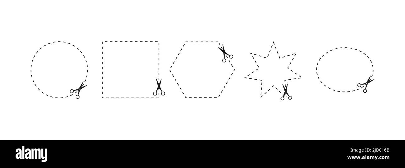 Forbici a taglio di carta su sfondo nero. Le forbici tagliano forme diverse. Illustrazione vettoriale. Illustrazione Vettoriale