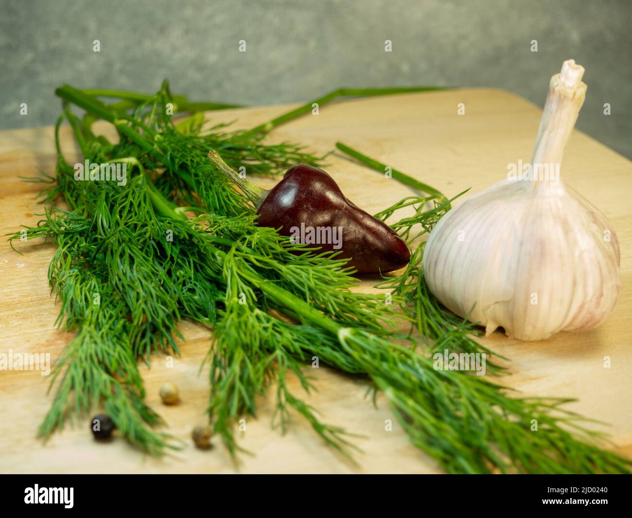 Vita morta su sfondo nero. Grani di pepe multicolore, aneto e aglio. Vegeterianian Foto Stock