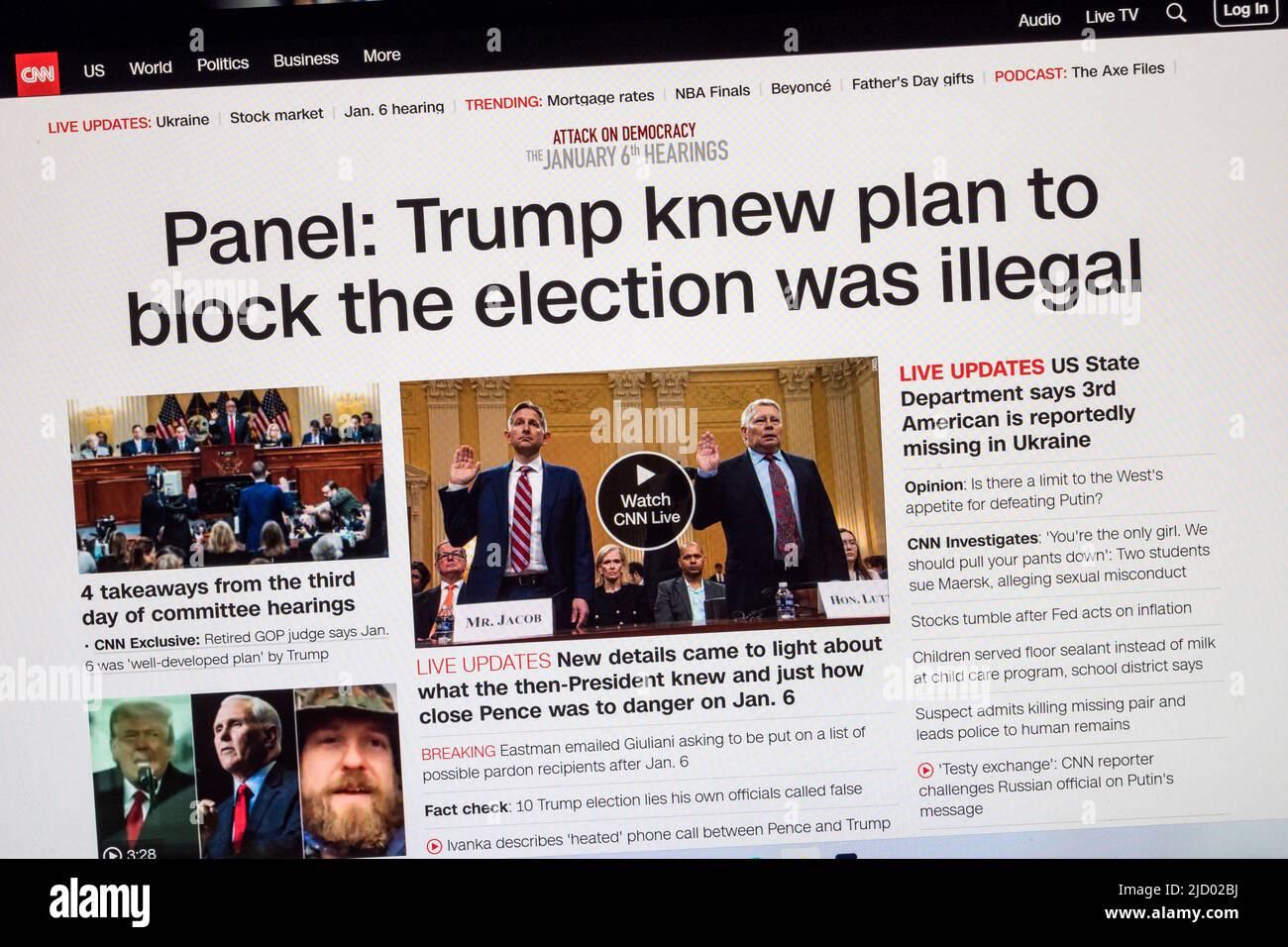 "Trump sapeva che il piano di bloccare le elezioni era 'illegale': Il sito web della CNN News dal vivo nel giorno 3 dell'audizione della Commissione del gennaio 6th, 16th giugno 2022 Foto Stock