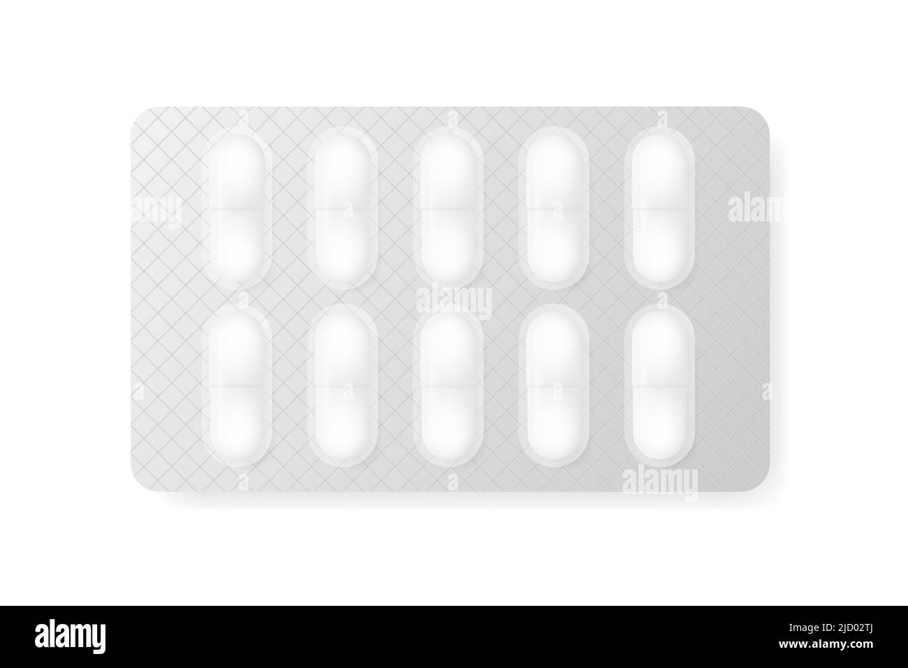 Mockup con capsula di medicina della pillola su sfondo bianco. Sfondo bianco. Icona vettore isolato. Modello per la progettazione medica. Illustrazione vettoriale. Illustrazione Vettoriale