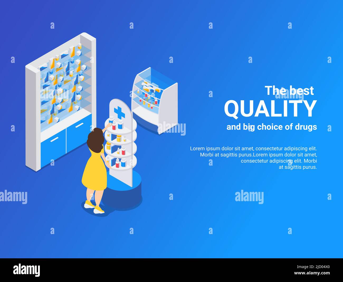 Lo sfondo blu isometrico della farmacia ha illustrato la migliore qualità e la grande scelta di farmaci illustrazione vettoriale Illustrazione Vettoriale