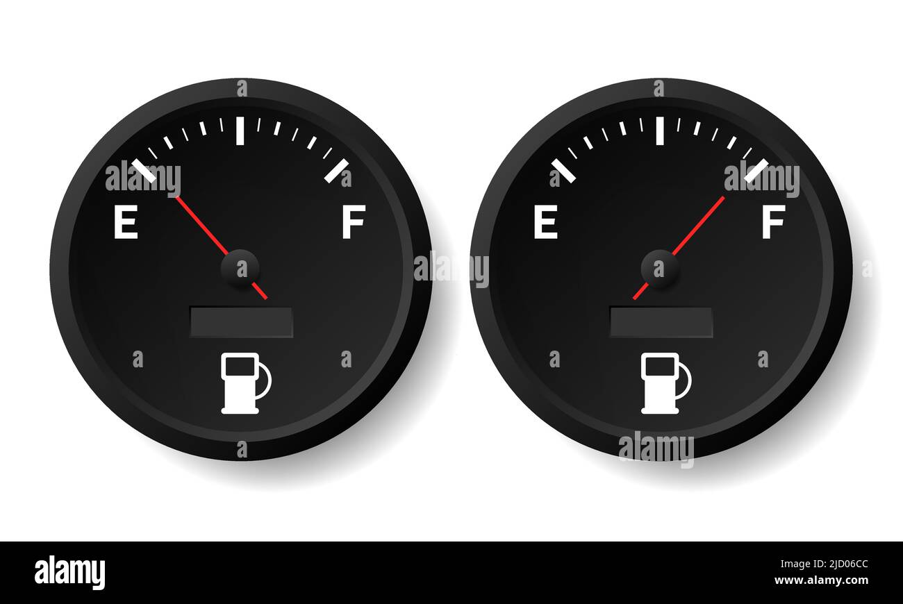 Il concetto di indicatore del carburante, indicatore del gas su sfondo bianco. Sensore carburante. Illustrazione vettoriale. Illustrazione Vettoriale