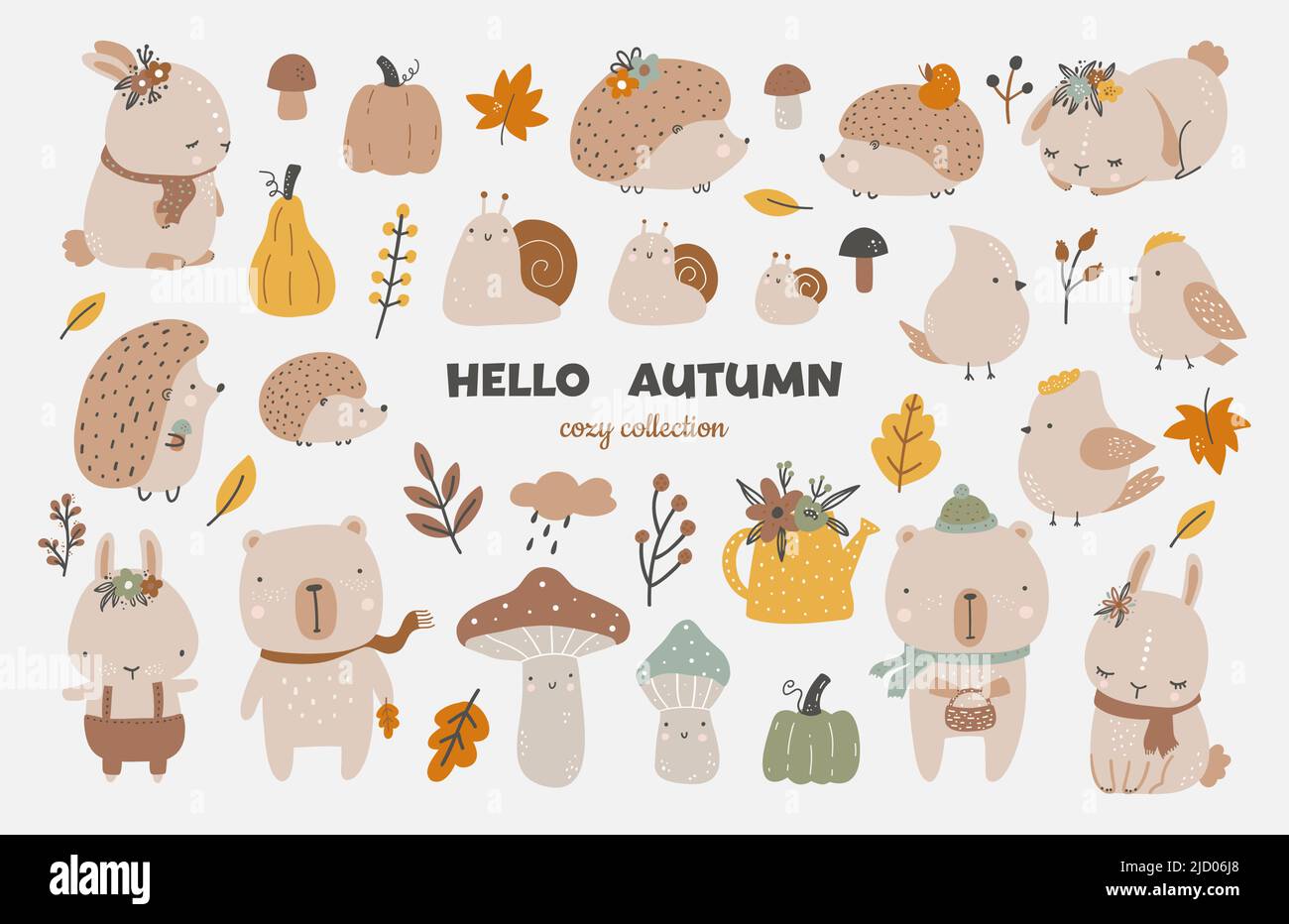 Set autunnale, clip art autunnale, collezione di elementi di design con foglie, zucche, animali carini, funghi e altri. Vettore infantile disegnato a mano Illustrazione Vettoriale